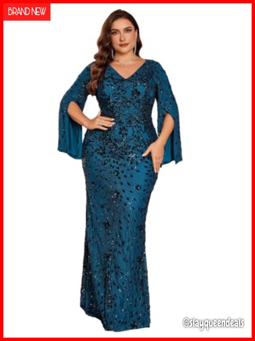 Long Sleeve Sequin Mermaid Formal Dress Plus Size V-Neck Gown
